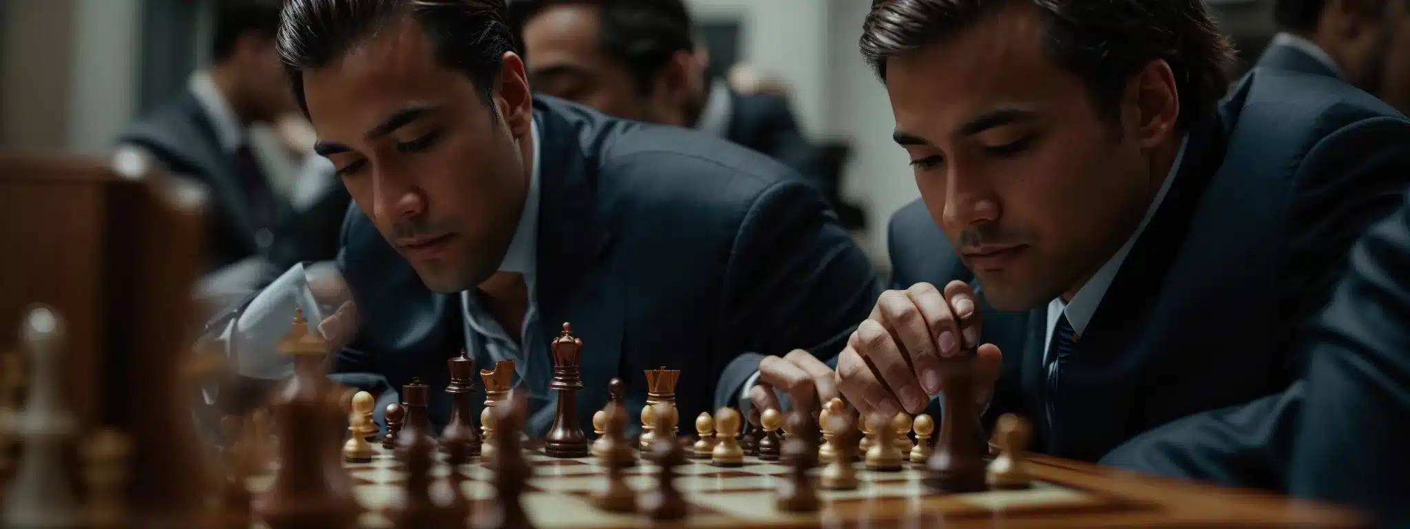 A Close-Up Of Two Business Professionals Over A Chess Game, Deeply Focused And Strategizing.