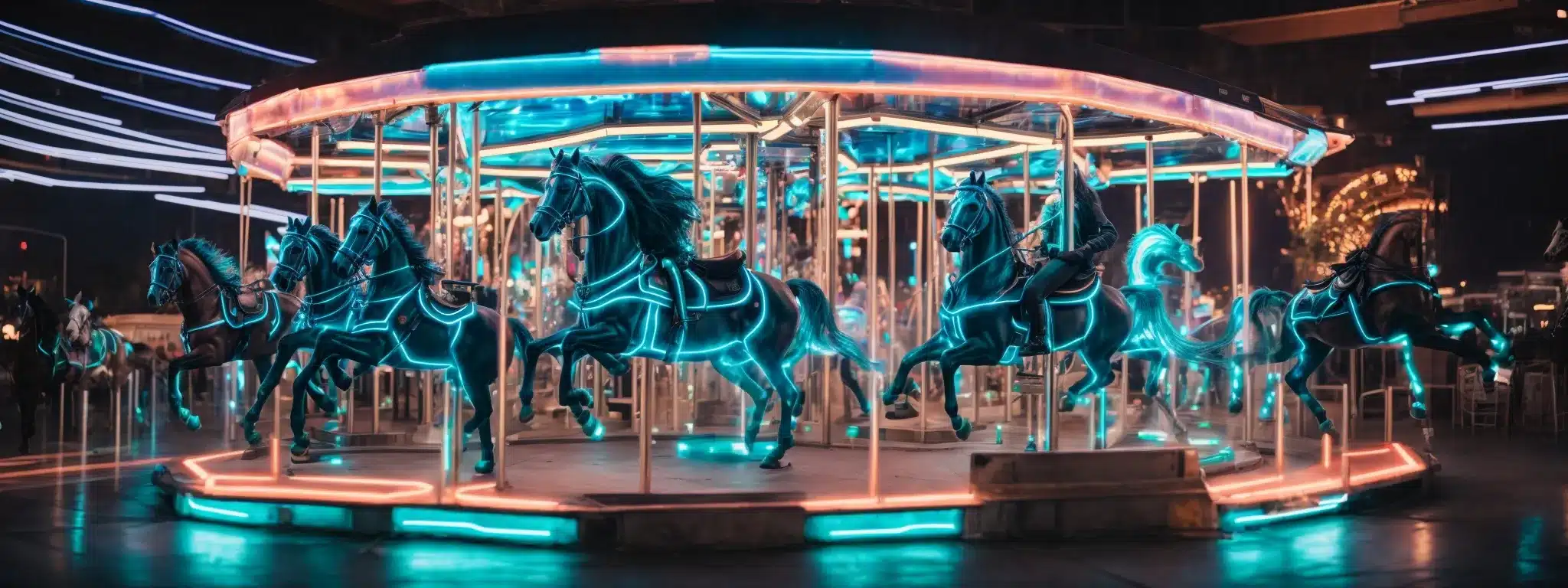 A Futuristic Carousel With Neon Lights And Holographic Horses, Symbolizing Dynamic Digital Innovation.