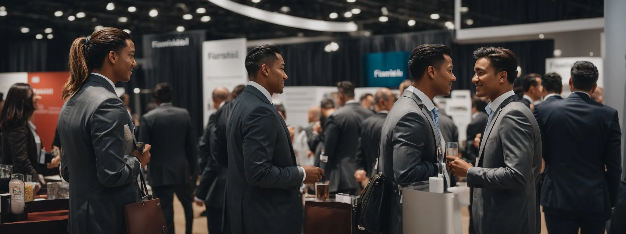 Two Business Representatives From Different Companies Engaging In A Friendly Conversation In Front Of Their Exhibition Stands At A Bustling Social Media Marketing Event.
