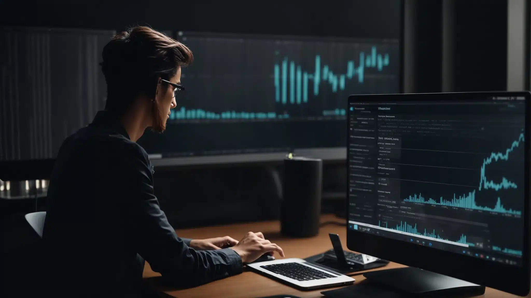a professional typing on a laptop with a wordpress logo on the screen, surrounded by website analytics and performance charts.