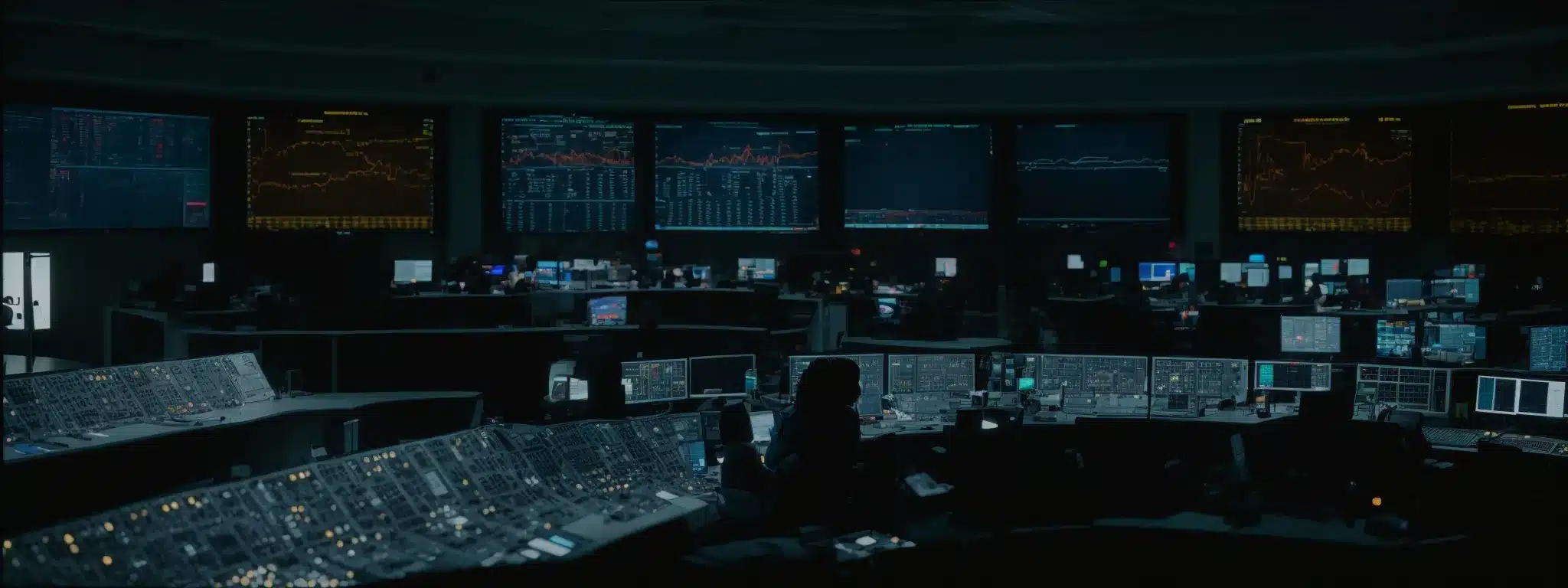 A Technician Adjusts Dials On A Large Console In A Mission Control Room Filled With Monitors And Data Screens.