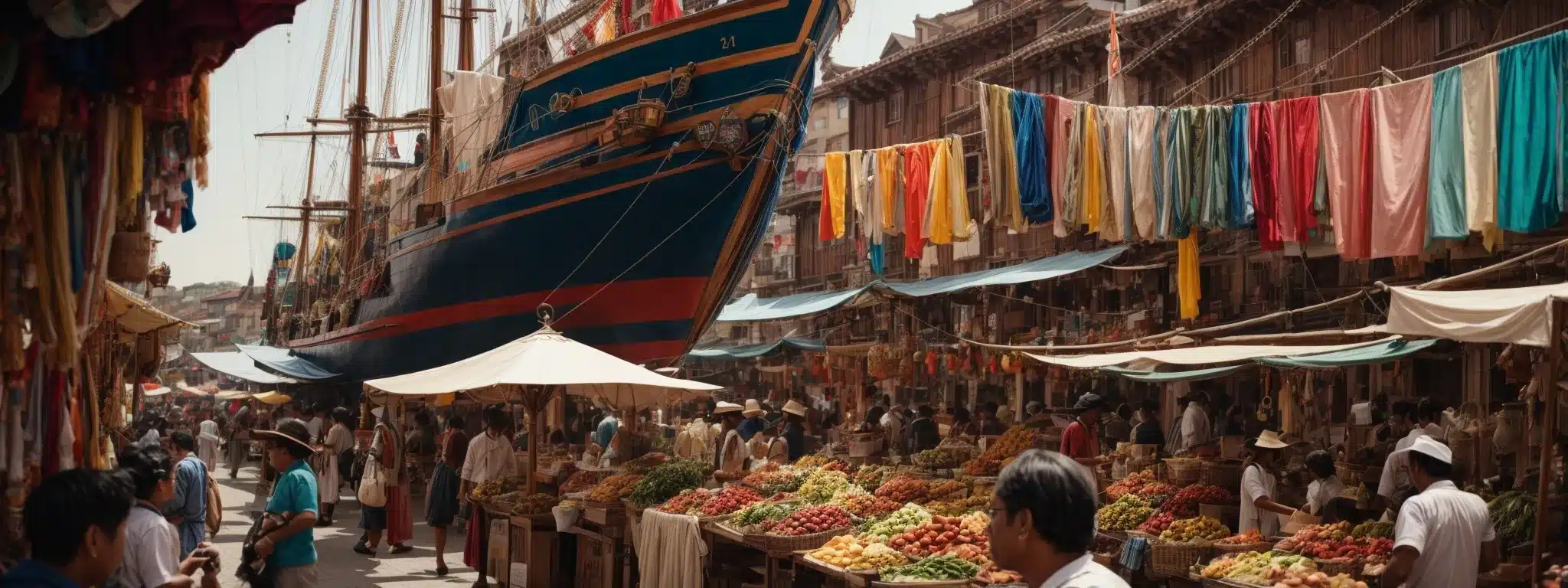 A Sailing Ship Navigates Through A Bustling Outdoor Market Filled With Colorful Stalls And Vibrant Activity.