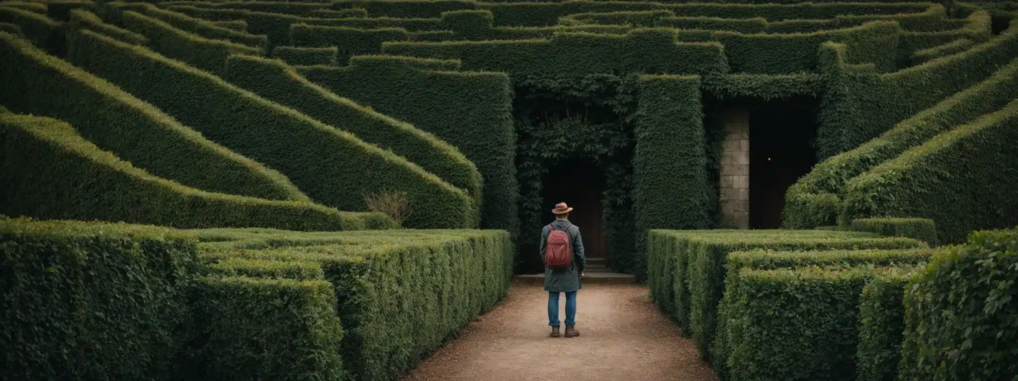 A Treasure Hunter Stands At The Entrance Of A Vast, Mystical Hedge Maze With A Compass In Hand, Ready To Explore.