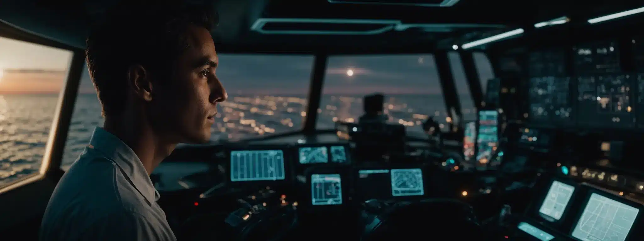 A Captain Confidently Stands At The Helm Of A Ship, Gazing At A Complex Dashboard Aglow With Navigational Screens And Charts Under A Starlit Sky.