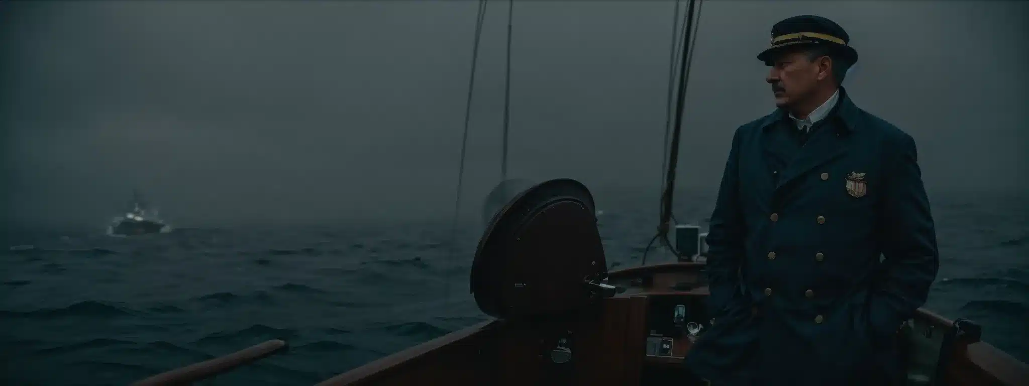 A Captain At The Helm Of A Ship, Navigating Through Fog And Choppy Waters.