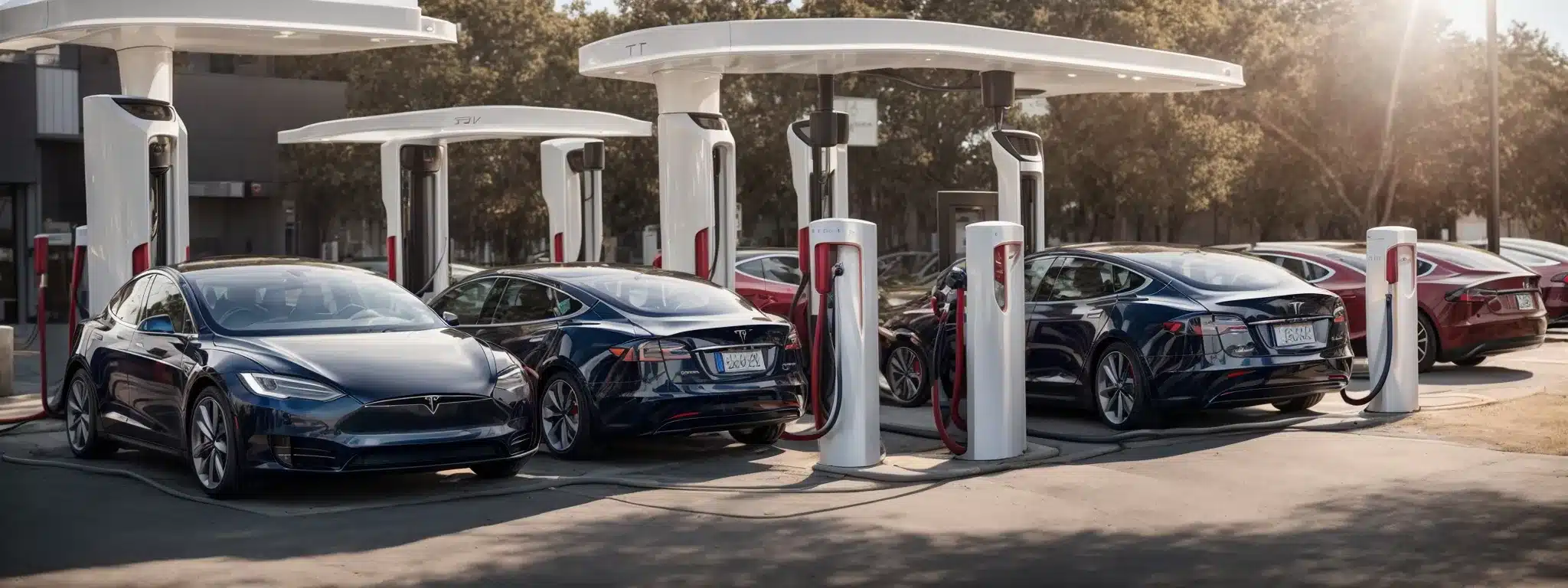 A Tesla Car Charging At A Supercharger Station Amidst A Fleet Of Electric Vehicles On A Sunny Day.