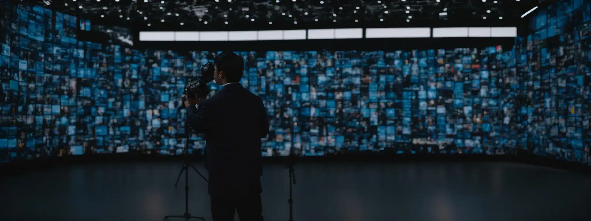 A Person With A Megaphone Standing Against A Backdrop Of Digital Screens Displaying Various Social Media Icons.