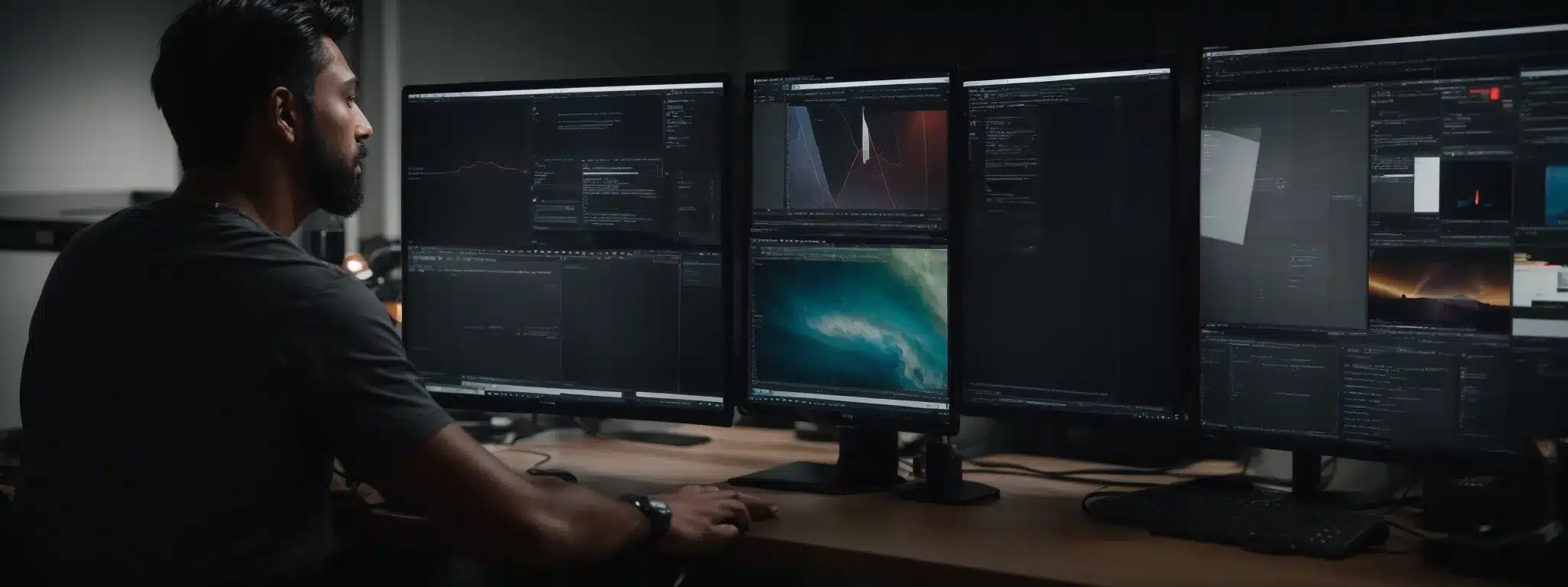 A Web Developer Sits In Front Of A Multi-Monitor Setup, Adjusting A Slider On A Website That Gracefully Adapts To Different Screens Displayed On Each Monitor.