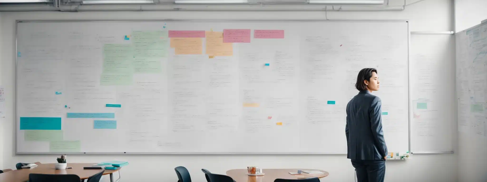 A Person Stands Before An Expansive Whiteboard, Covered In A Vibrant Array Of Strategies And Content Plans.