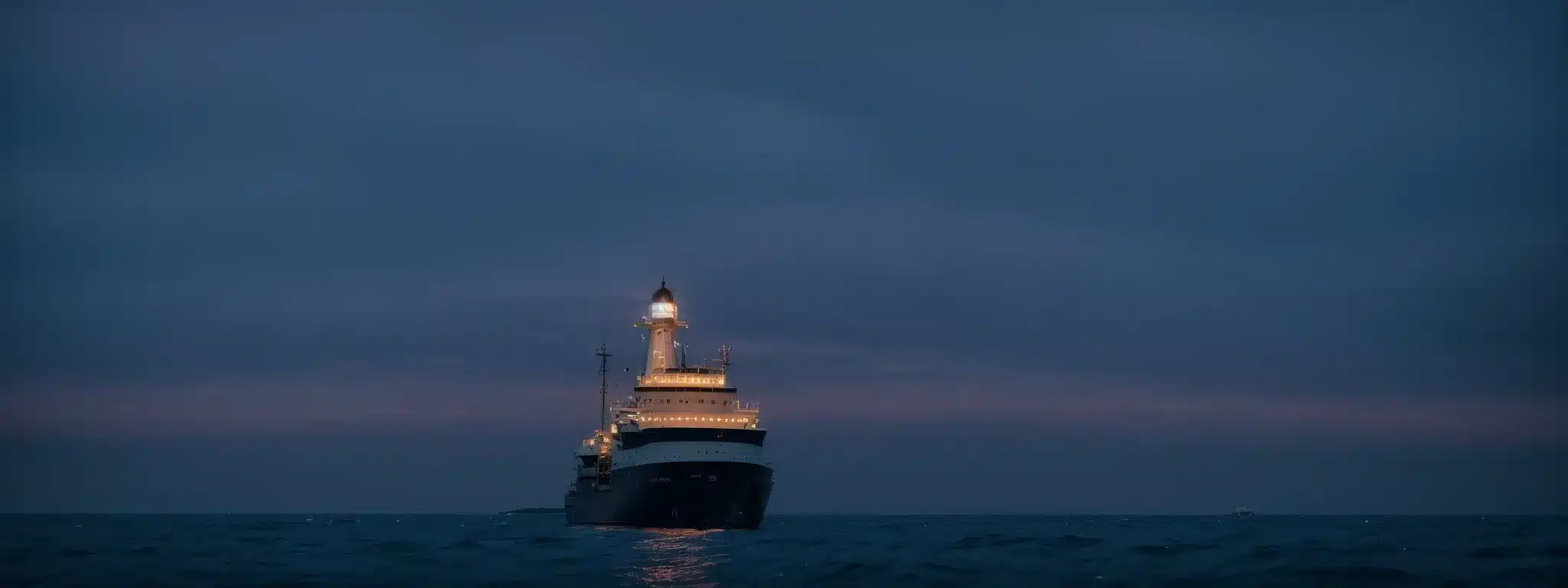 A Stately Ship Cuts Through Calm Ocean Waters Under A Twilight Sky, Approaching A Distant, Glowing Lighthouse.
