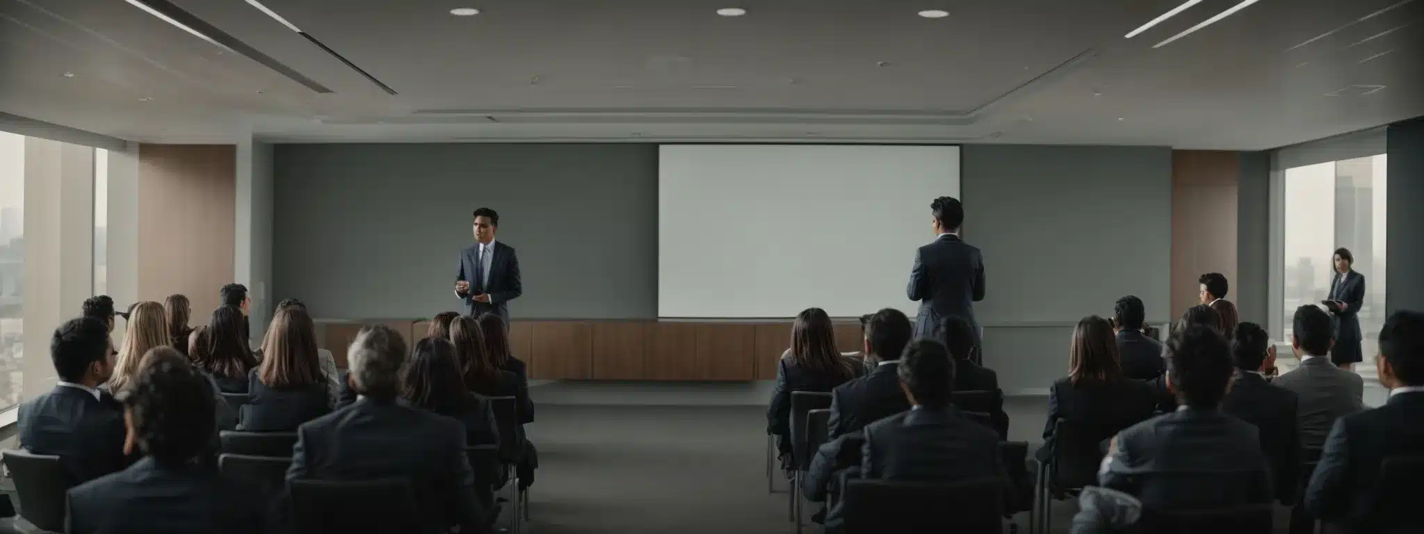A Marketer Stands In A Conference Room, Engaging An Audience With A Presentation About Brand Positioning.