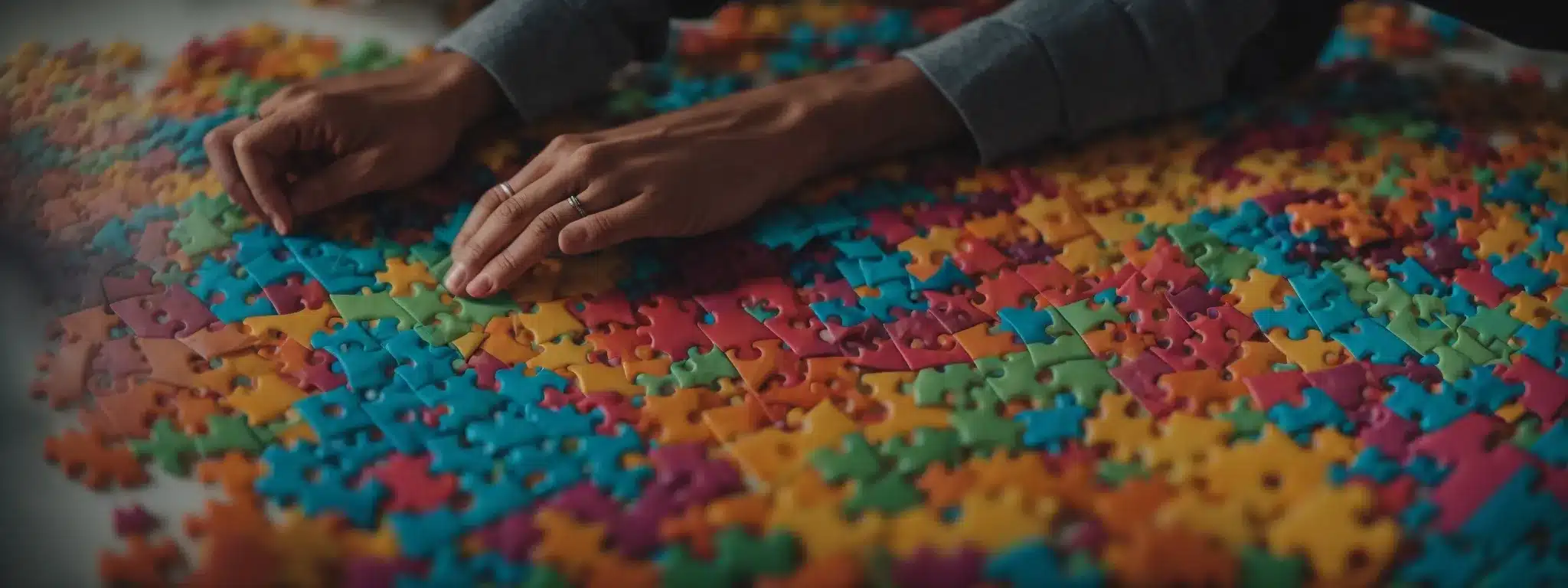 A Marketer Thoughtfully Assembles A Colorful Puzzle, Symbolizing The Strategy Building In Search Engine Marketing.