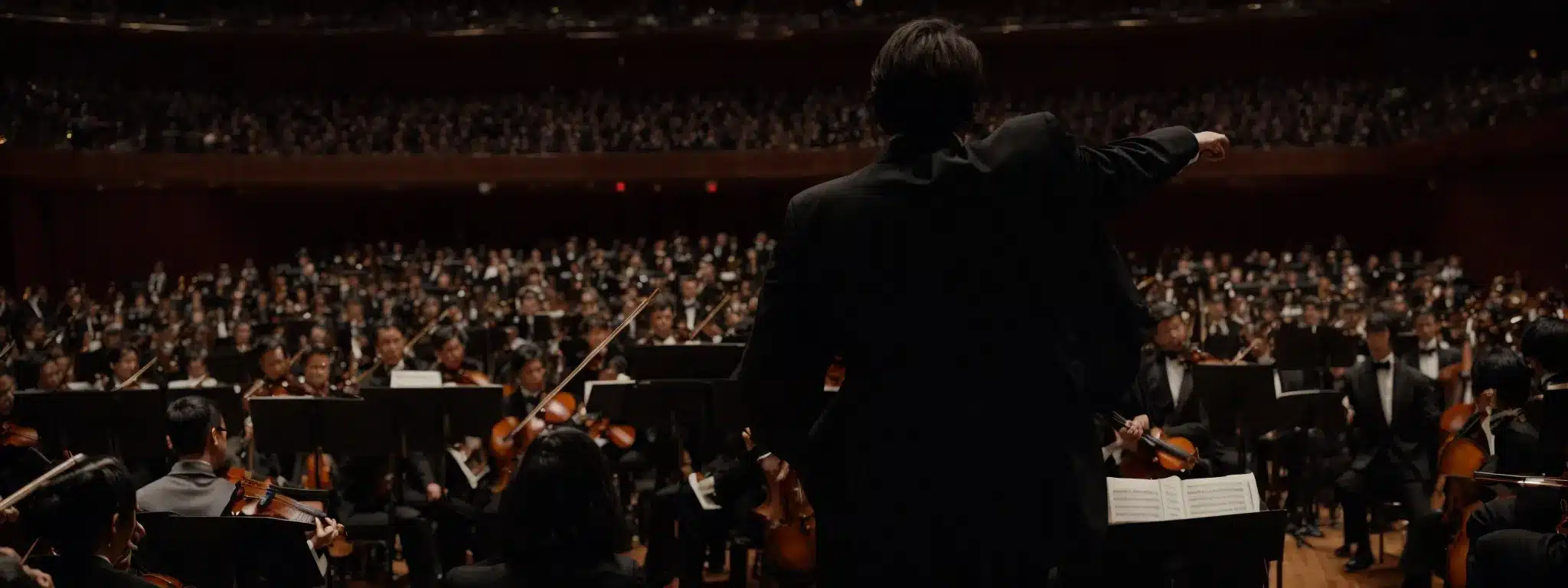 A Conductor Standing Before An Orchestra, Baton Raised, Ready To Lead A Harmonious Performance.