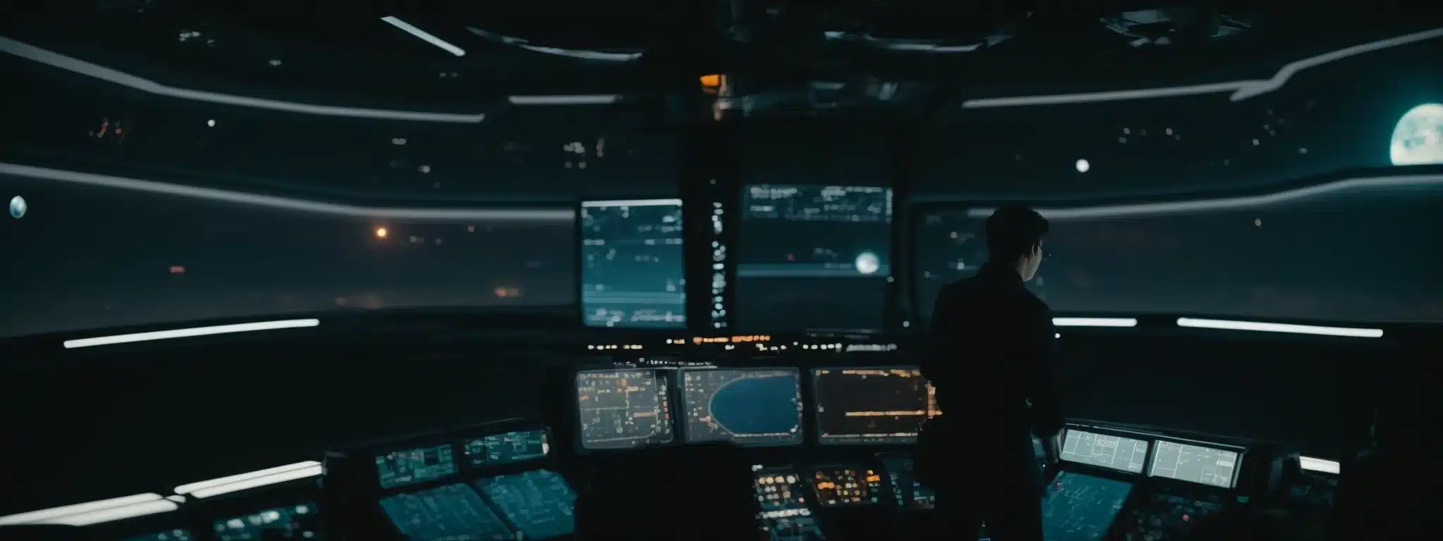 A Person Standing At The Helm Of A Futuristic Spaceship Control Panel, Gazing At A Bright Star In The Vastness Of Space.