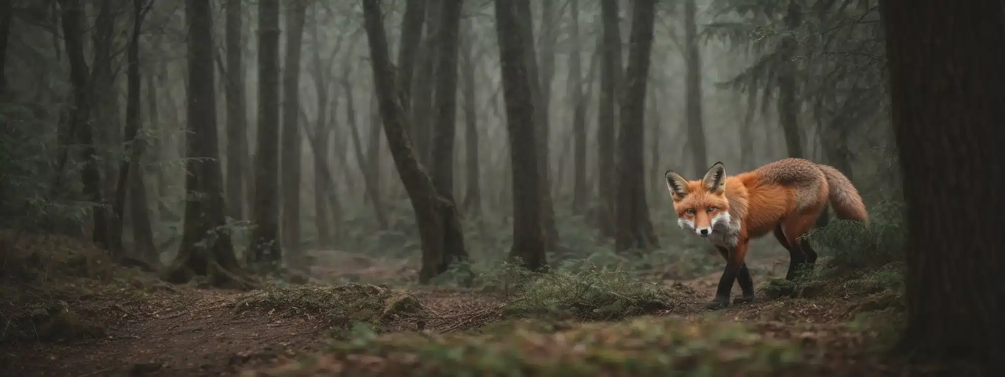A Fox Stealthily Navigates Through A Dense Forest, Alert And Poised.