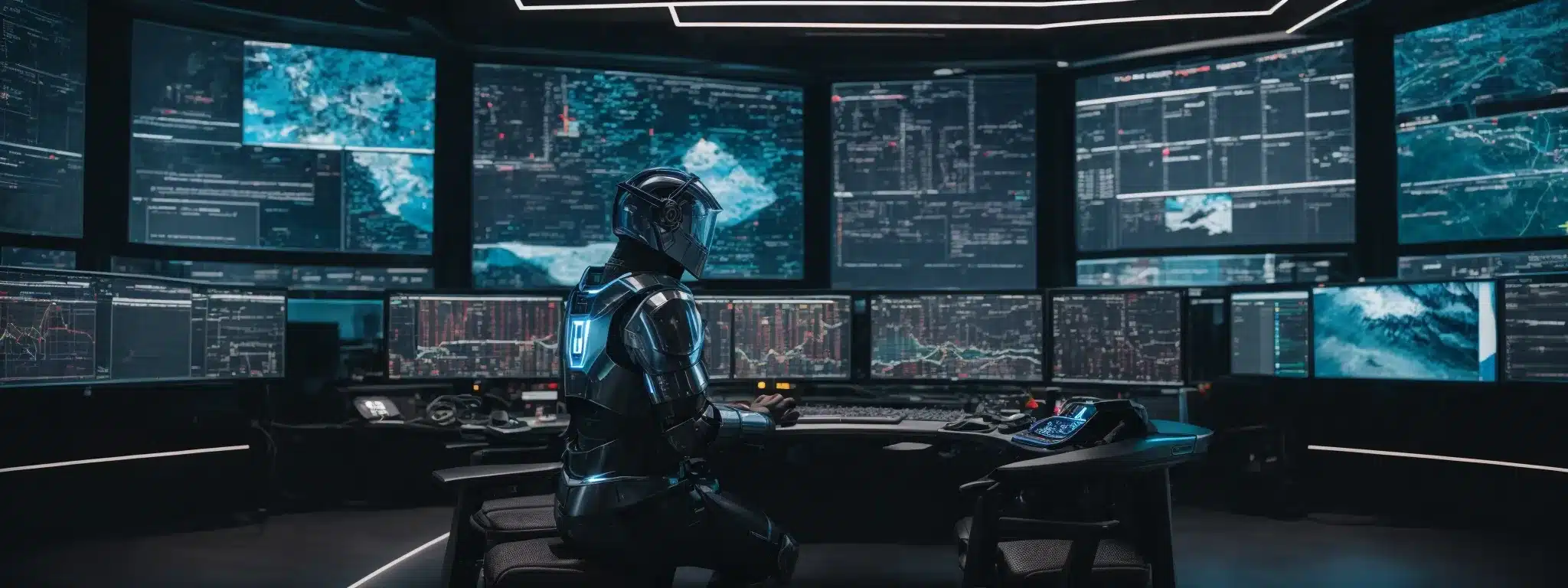 A Knight In Modern Digital Armor, Surrounded By Screens Displaying Data And Futuristic Graphs, Readies For Battle In A High-Tech Command Center.