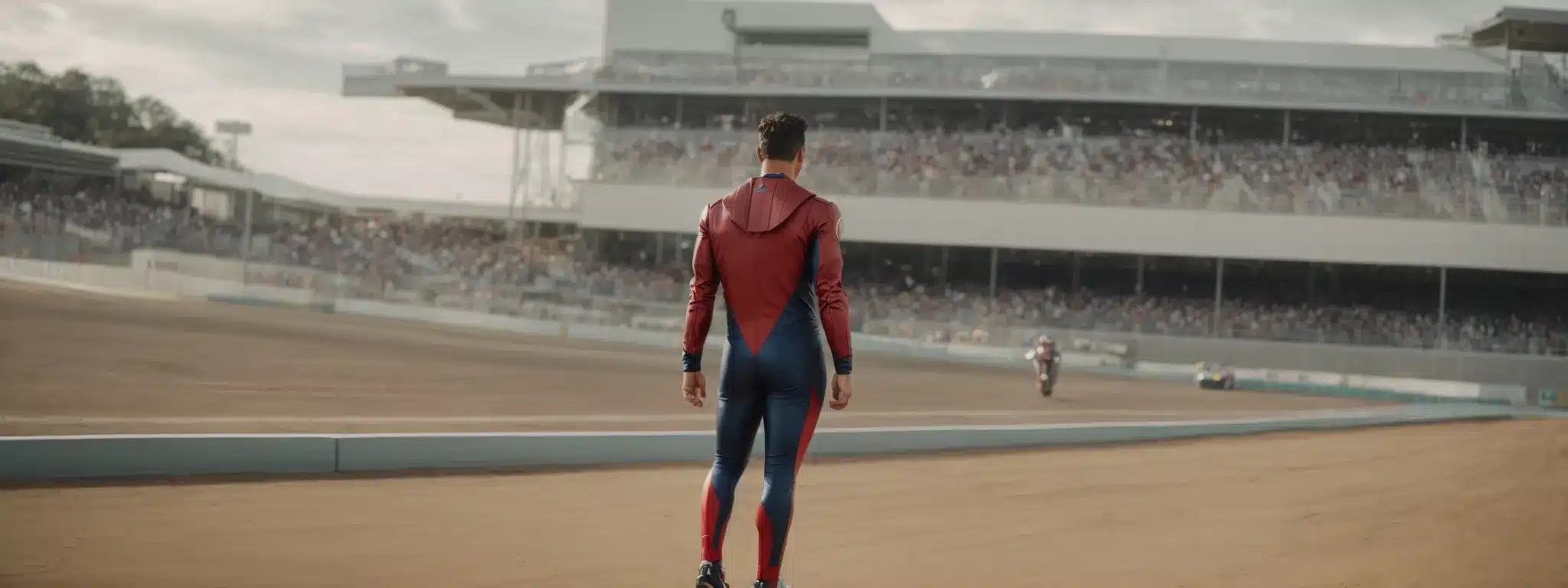 A Superhero Poised At The Starting Line Of A Racetrack, Embodying The Readiness To Accelerate Into Action.