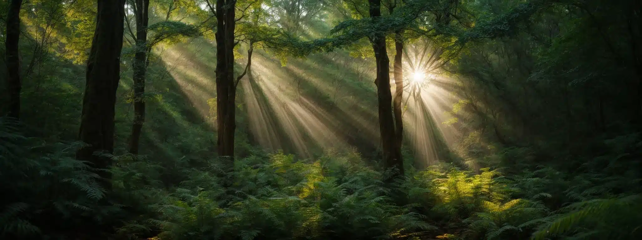 A Shaft Of Sunlight Piercing Through The Dense Foliage Of A Vibrant Forest.