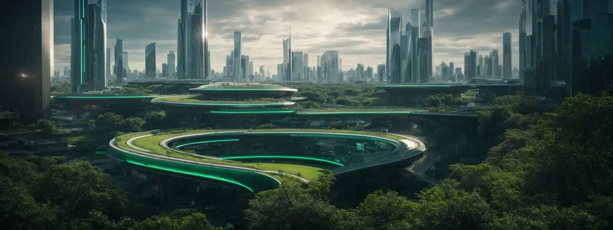 A Futuristic City Skyline With Sleek, Sustainable Buildings And Green Spaces Under A Dynamic, Technological Aurora.
