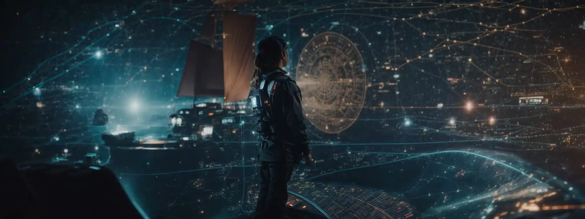 A Captain Confidently Navigating A Ship Through Digital Waves, Symbols Of Metrics And Analytics Glowing On An Ancient Map Under A Constellation Of Social Icons.