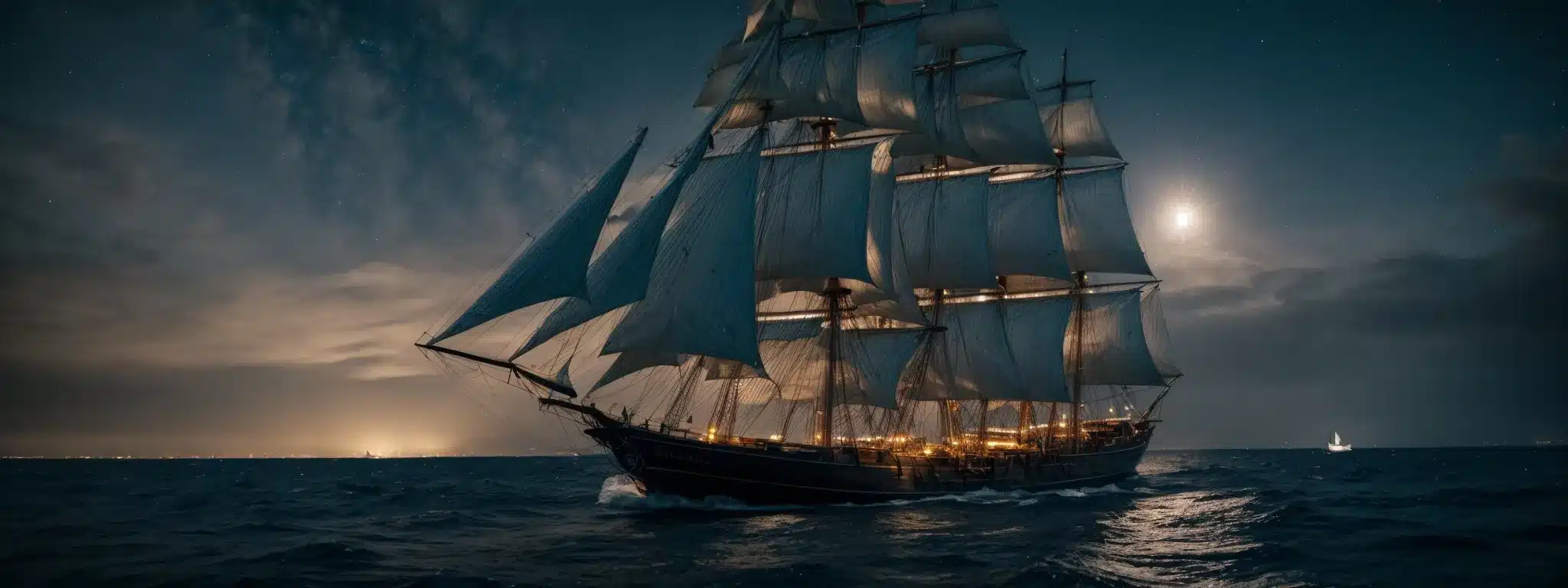 A Tall Sailing Ship With Billowing Sails Glides Through A Starlit Sea, Charting A Course By Celestial Navigation.