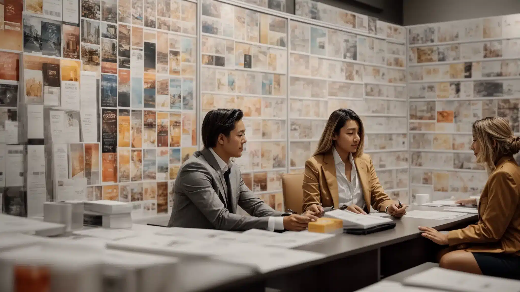 A Strategic Marketing Team Analyzes A Wall Covered In Various Product Packaging Designs During A Competitive Brand Review Meeting.