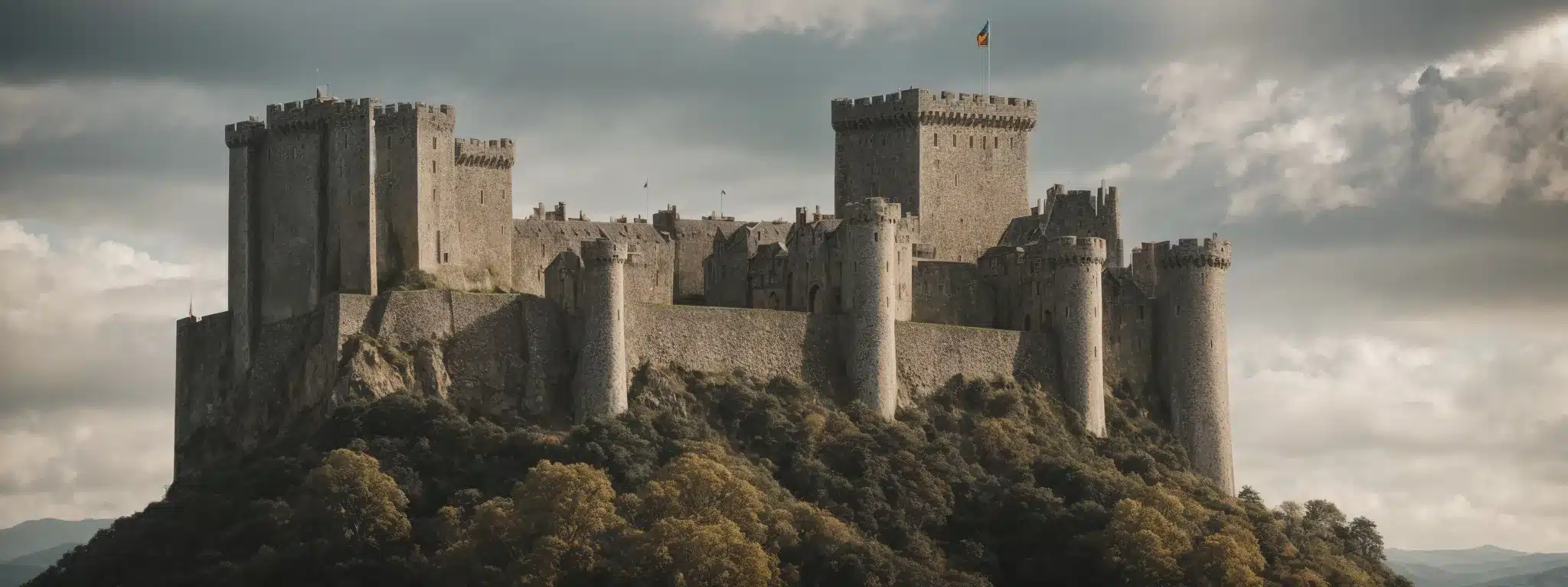 A Majestic Castle Towering Over A Landscape, Banners Fluttering In The Wind Atop Its Battlements.
