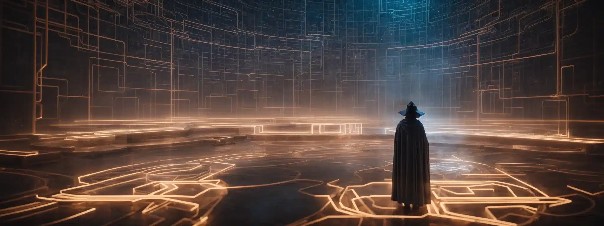 A Wizard-Like Figure Stands Before A Glowing Console, Casting Light Over A Maze-Like Network Representing A Wordpress Site.