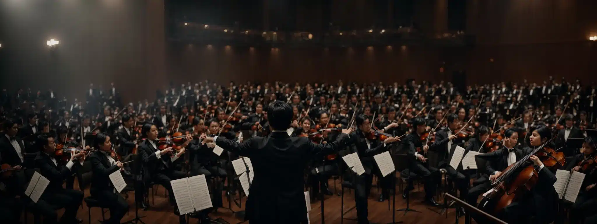 A Conductor Leading A Symphony Orchestra, Immersed In The Harmony Of A Grand Performance.