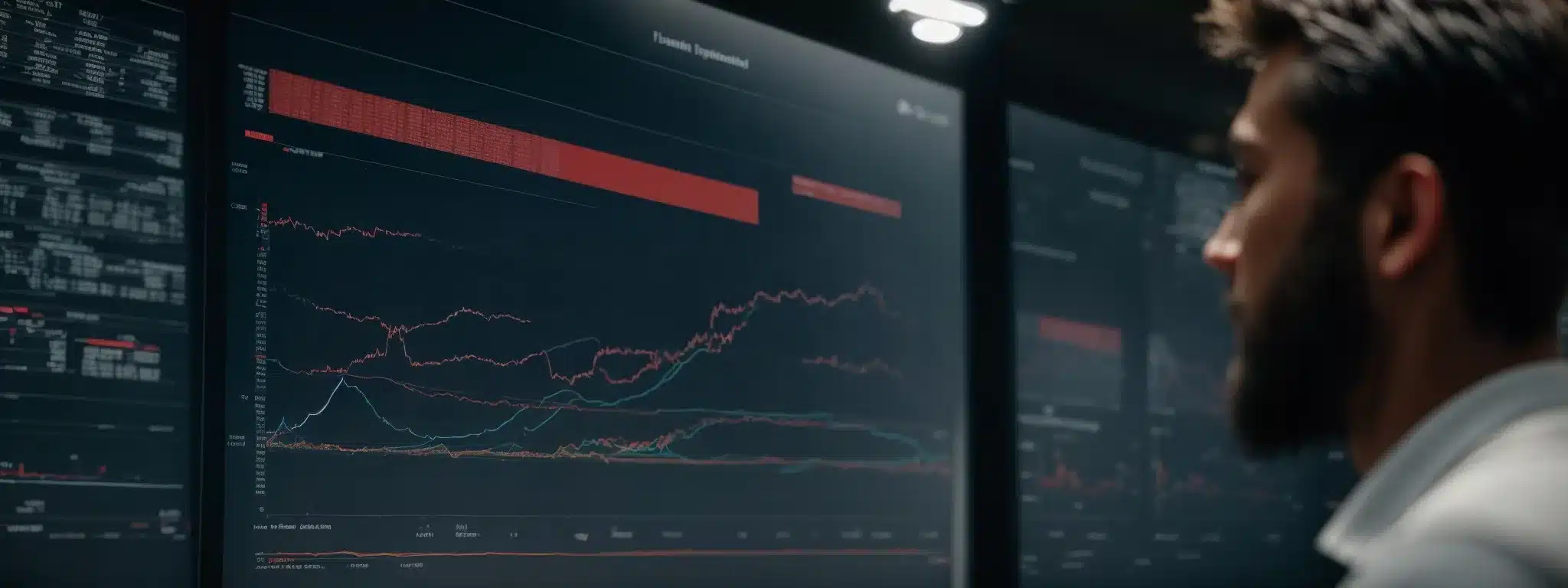 A Strategist Stands Before A Large Digital Screen Displaying Graphs And Data Analysis Of Market Trends And Competitor Profiles.