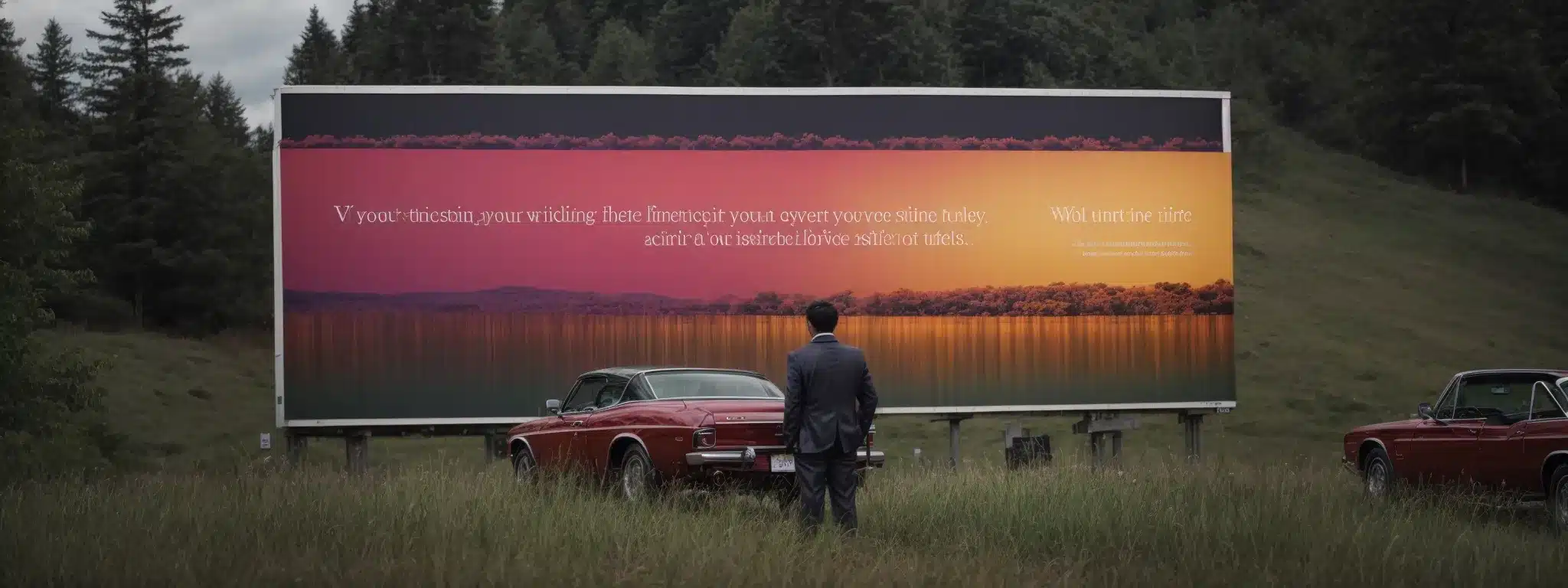 A Stoic Entrepreneur Scrutinizes A Vibrant Billboard Showcasing The Unique Selling Points Of A Leading Brand.