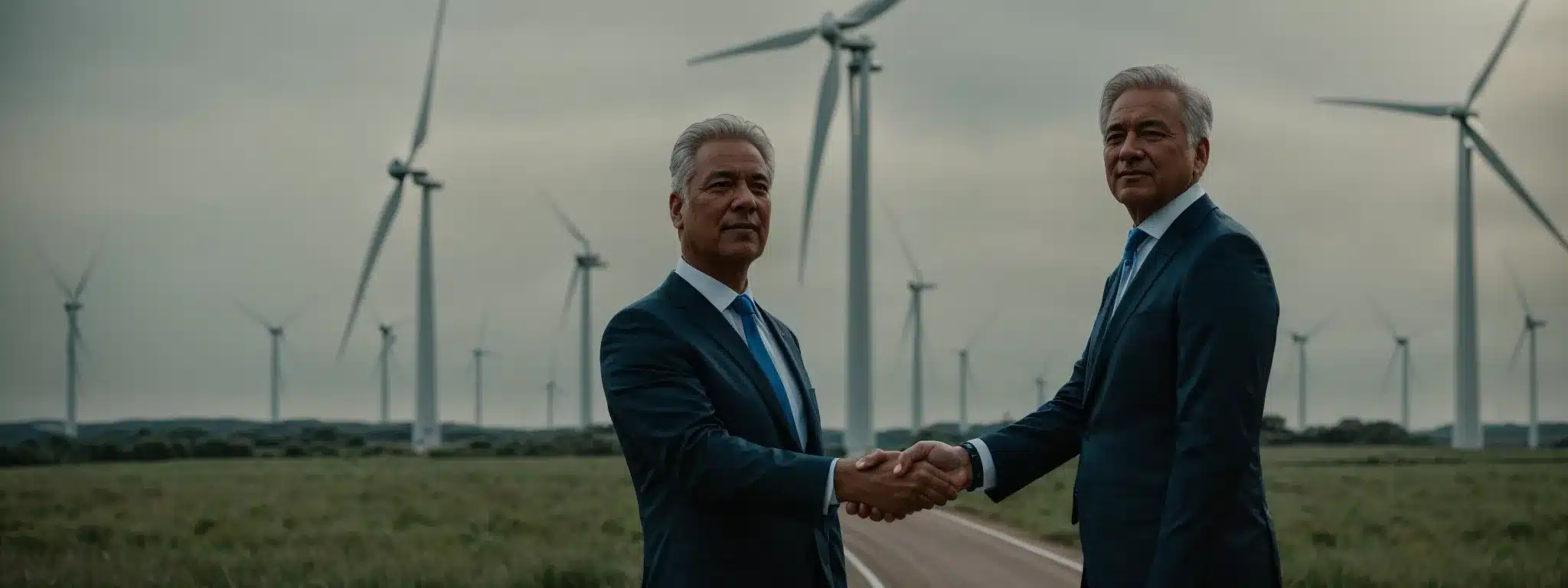 Two Business Leaders Shaking Hands In Front Of A Wind Farm, Symbolizing A Partnership For Sustainable Development.