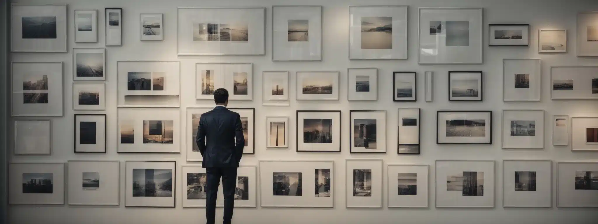A Business Executive Observes A Wall Adorned With Various Blank Frames, Symbolizing A Gallery Of Unseen Competitor Brands Awaiting Analysis.