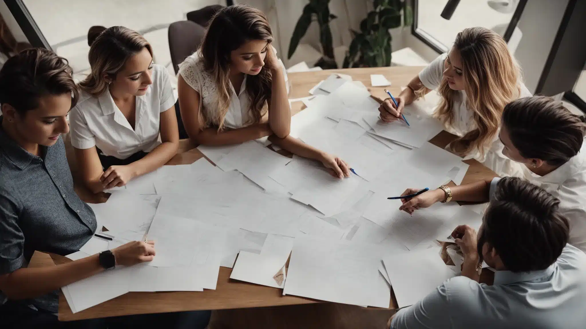 A Marketing Team Gathers Around A Table, Brainstorming Ideas With Various Brand Concept Sketches Laid Out Before Them.