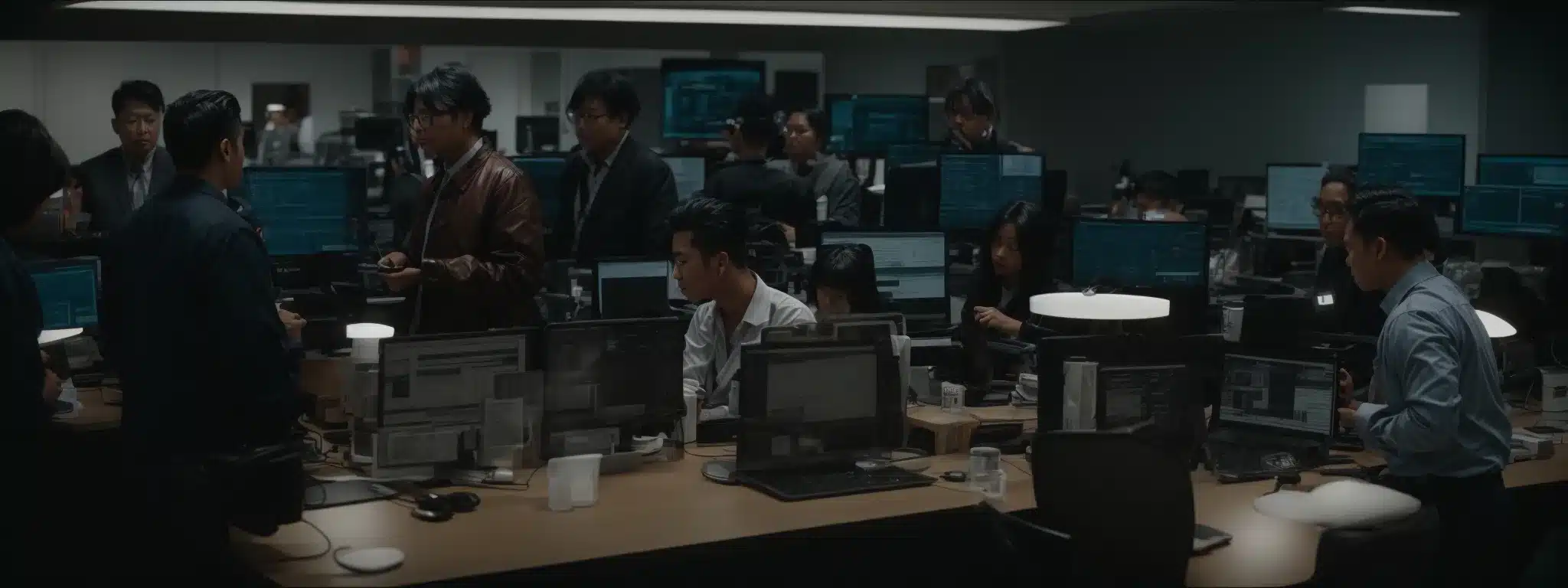A Team Gathered Around A Computer Screen, Configuring A Digital Workflow On A Crm Platform.