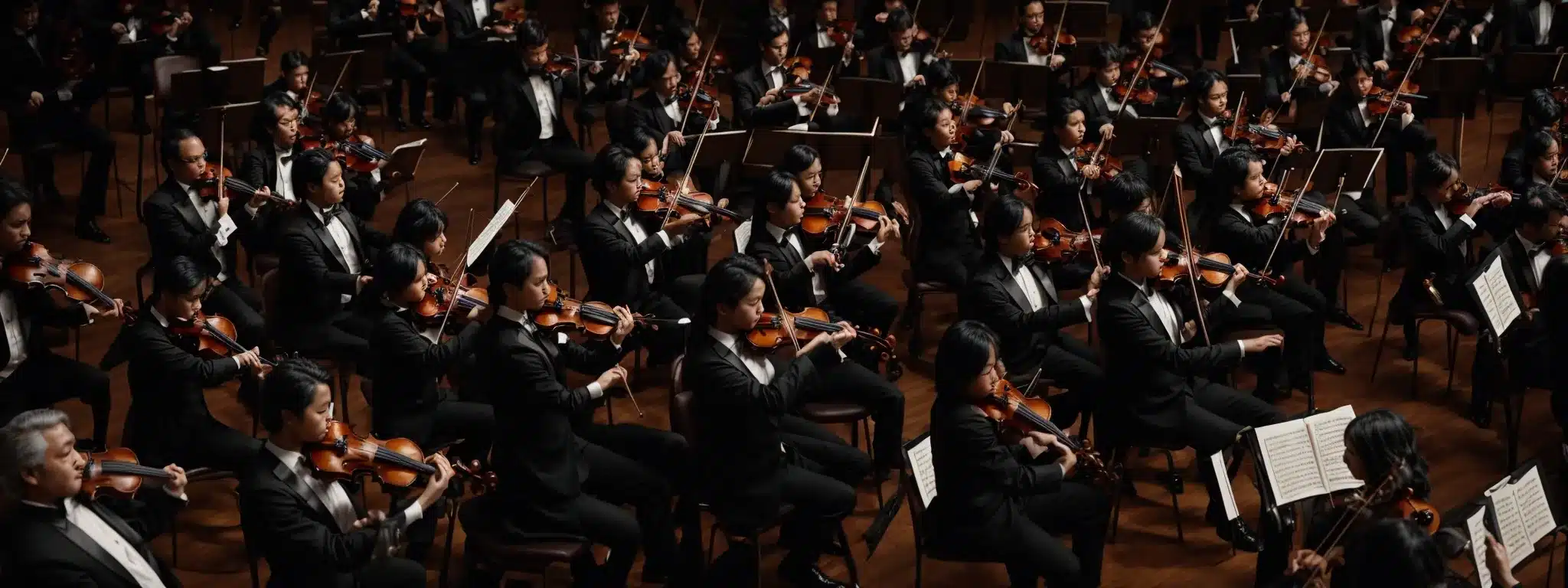 A Symphony Orchestra Performing In Unison, Exemplifying Harmony And Precision.