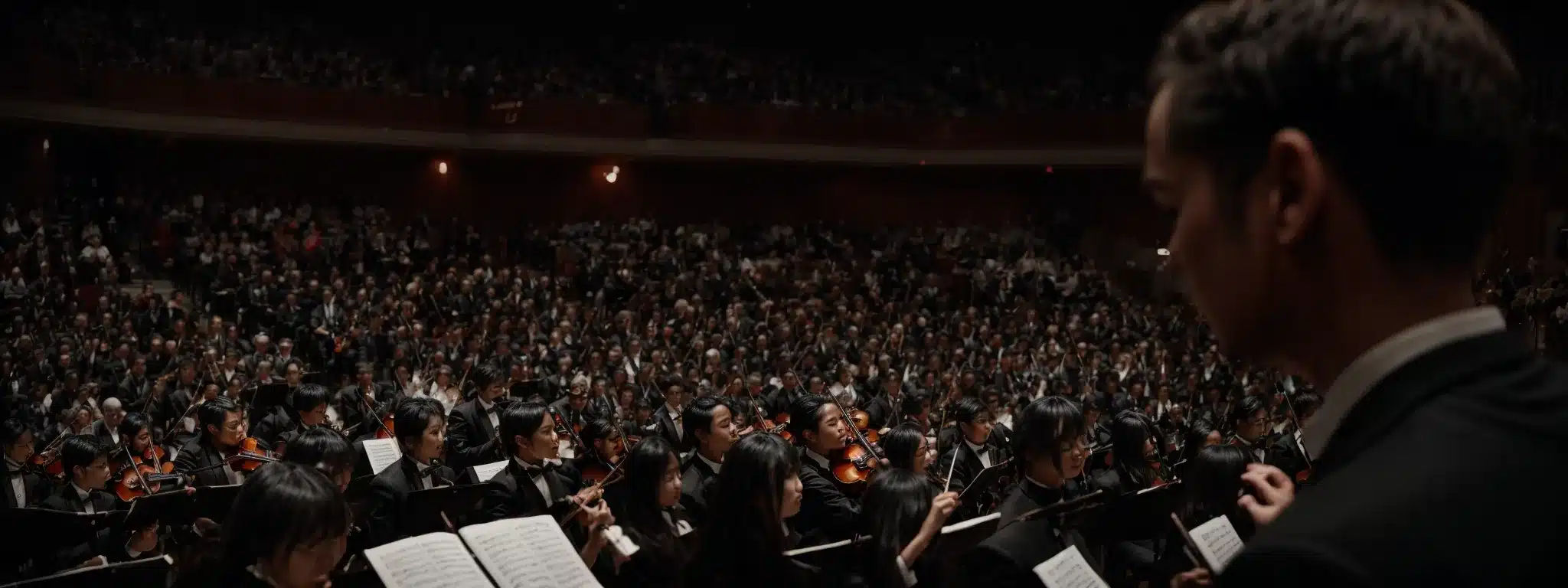 A Conductor Leading An Orchestra With Audience Members Visibly Engaged And Content In The Background.