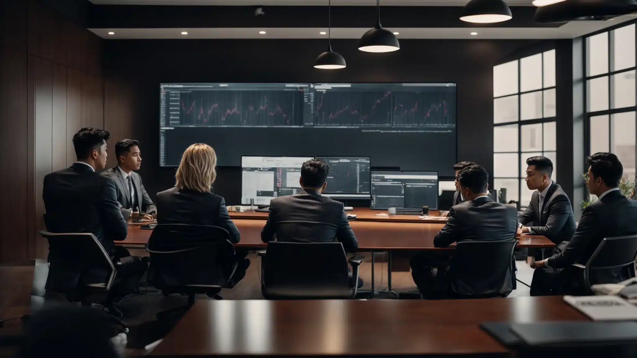 A Dedicated Team Gathers Around A Conference Table, Intently Discussing Strategies Over Open Laptops And Digital Marketing Analytics Displayed On A Large Screen.