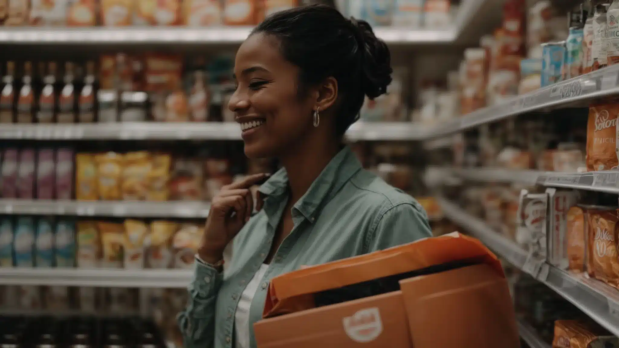 A Customer Smiling Contentedly While Holding A Product Near A Shelf Stocked With The Same Brand.