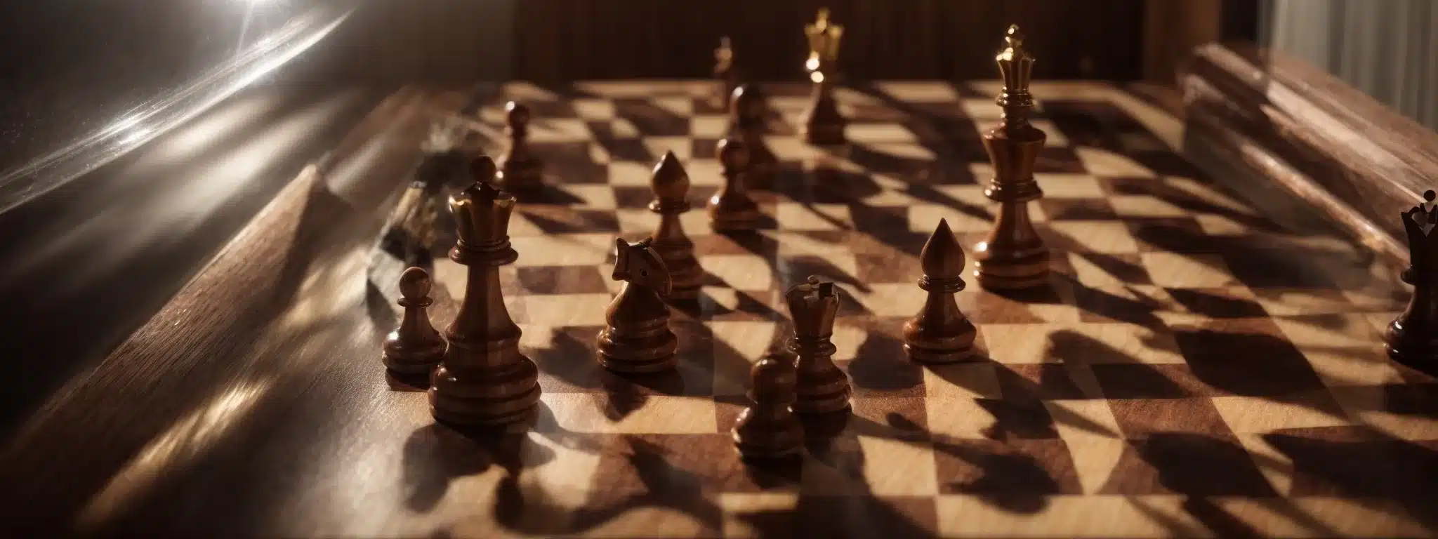 A Chessboard With Distinctively Carved Pieces Under A Spotlight, Symbolizing Strategic Competition.