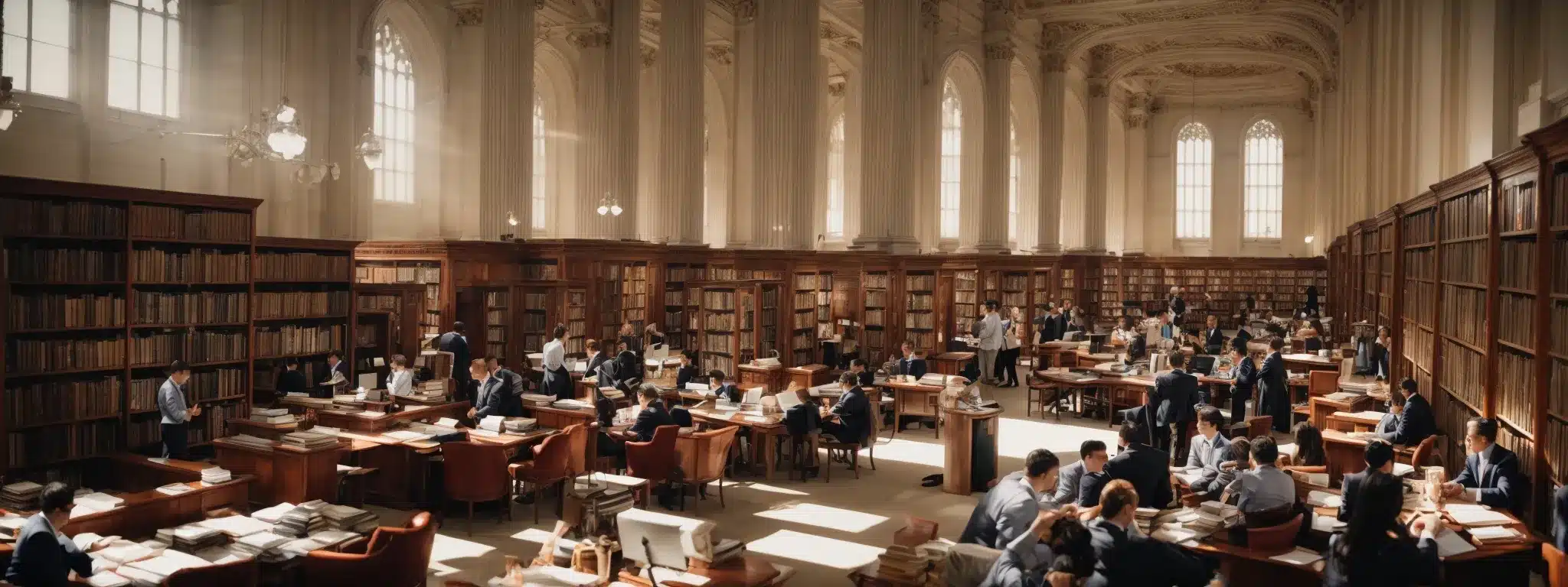 A Bustling Library Filled With Business Books And Marketers Engaged In Intense Discussion.