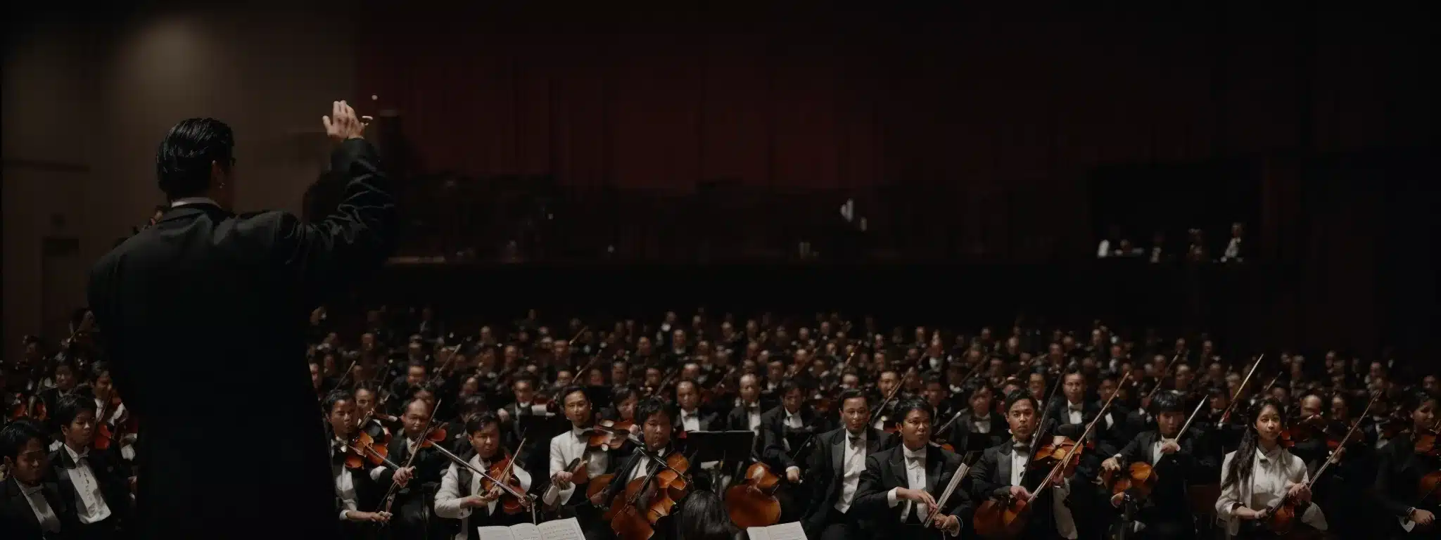 A Maestro Conducting An Orchestra On Stage In Front Of An Attentive Audience.