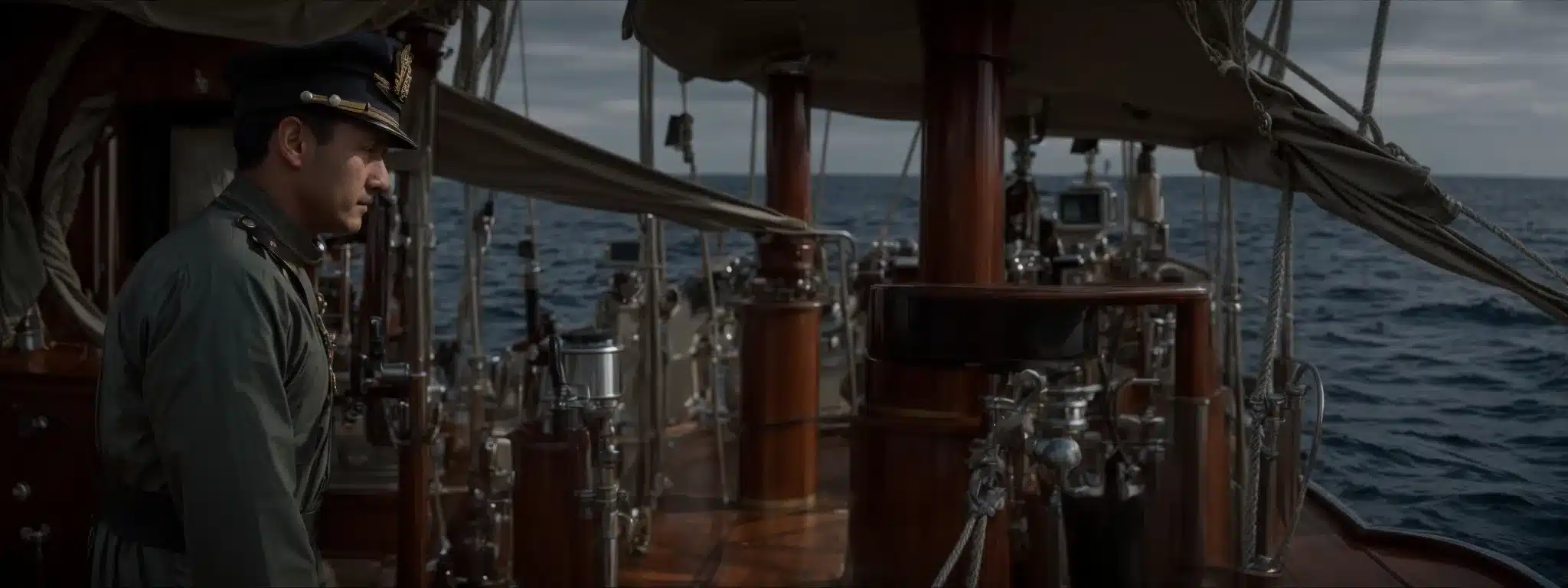 A Lone Captain Stands At The Helm Of A Grand Ship, Peering Through A Spyglass Across The Open Sea.