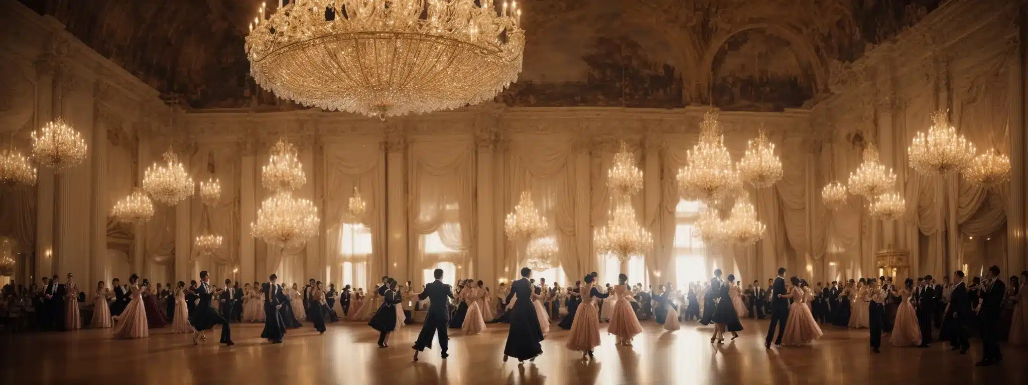 A Grand Ballroom With Elegant Dancers Moving In Unison Beneath A Magnificent Chandelier.