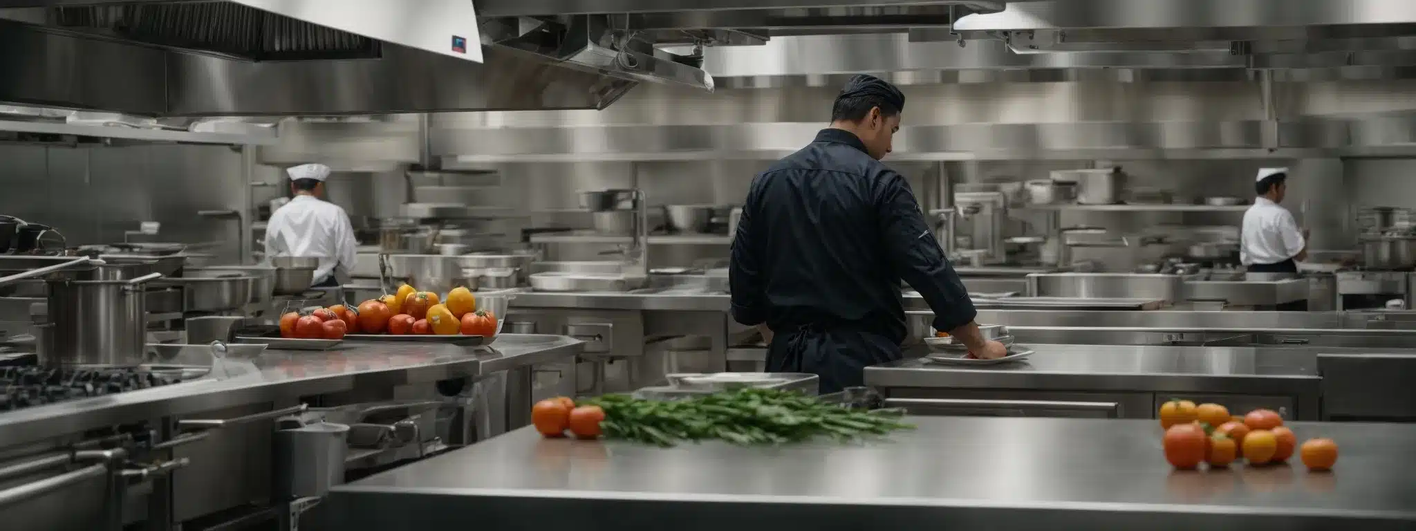 A Chef Surveys A Pristine Commercial Kitchen Filled With Top-Notch Culinary Equipment And Fresh Ingredients Ready For Preparation.