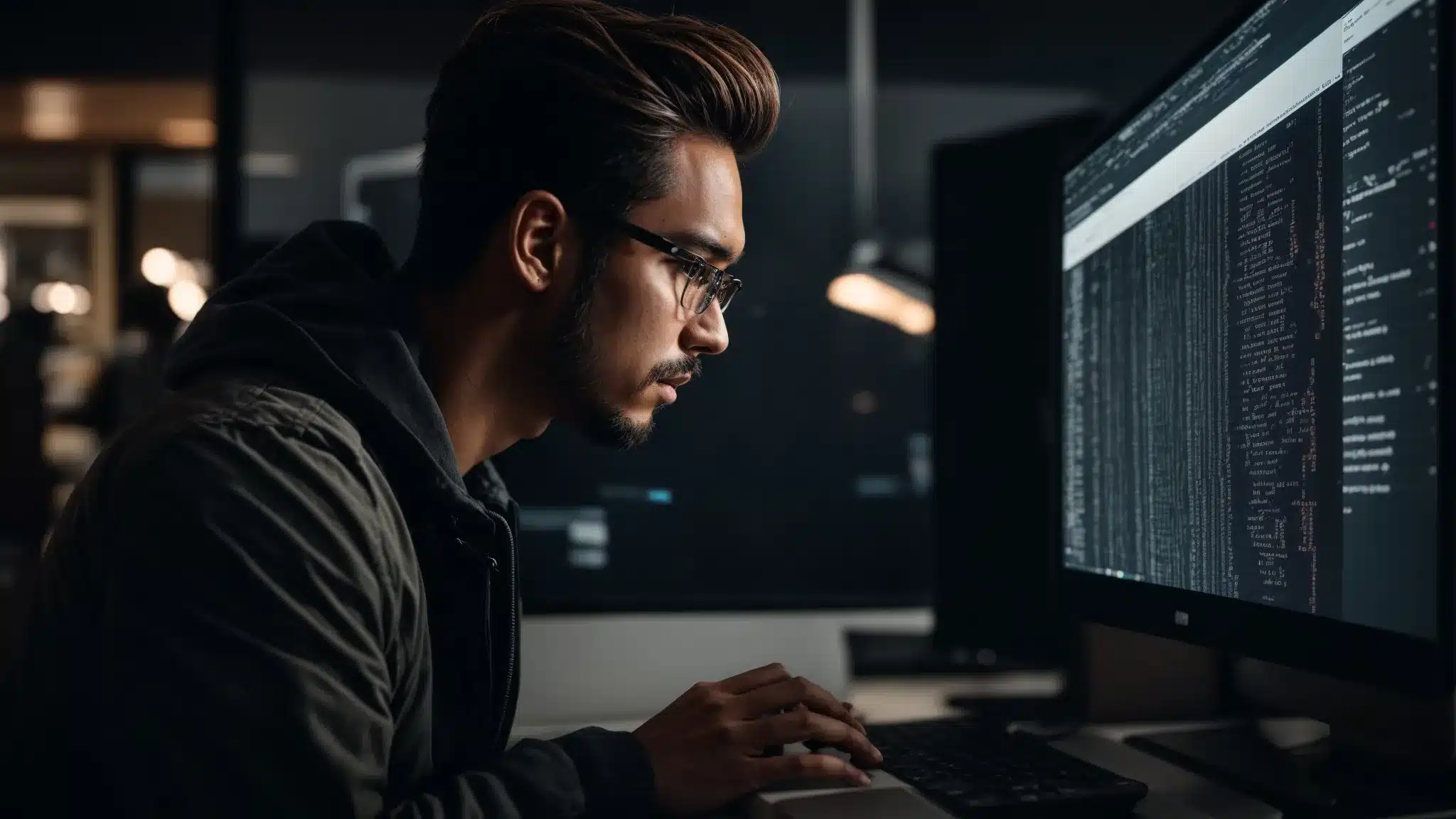 a developer attentively scrutinizes the code on a computer screen with a wordpress e-commerce website displayed.