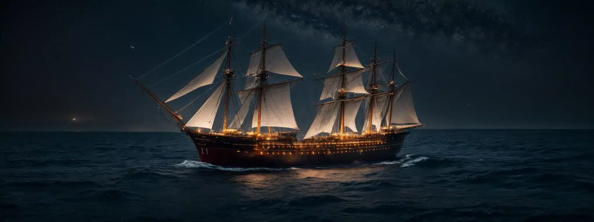 A Mighty Ship Unfurls Its Sails On A Vast Ocean, Navigating By The Light Of Distant Stars.