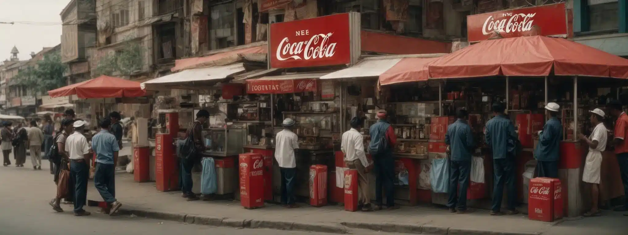 A Bustling Street Corner Kiosk Brimming With Ice-Cold Bottles Of Coca-Cola, Inviting A Diverse Crowd To Refresh And Connect.