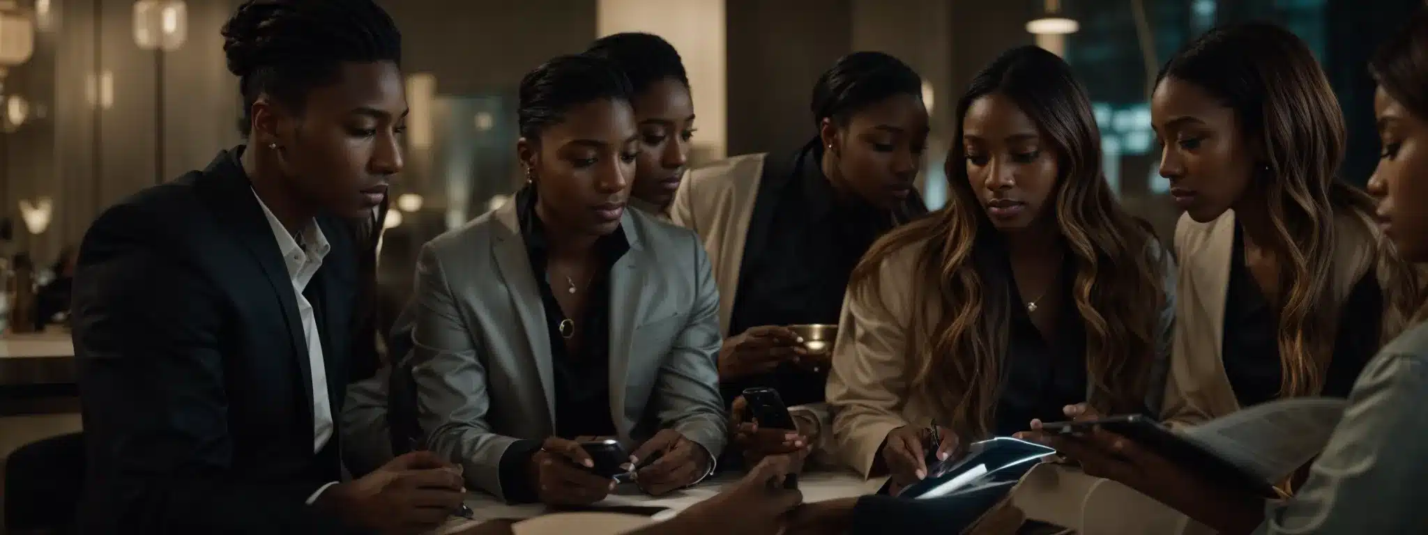 A Diverse Group Of Fashion-Savvy Individuals Gather Around A Sleek, Modern Table, Their Focused Expressions Illuminated By The Soft Glow Of Their Digital Devices As They Strategize Their Next Collaborative Campaign.