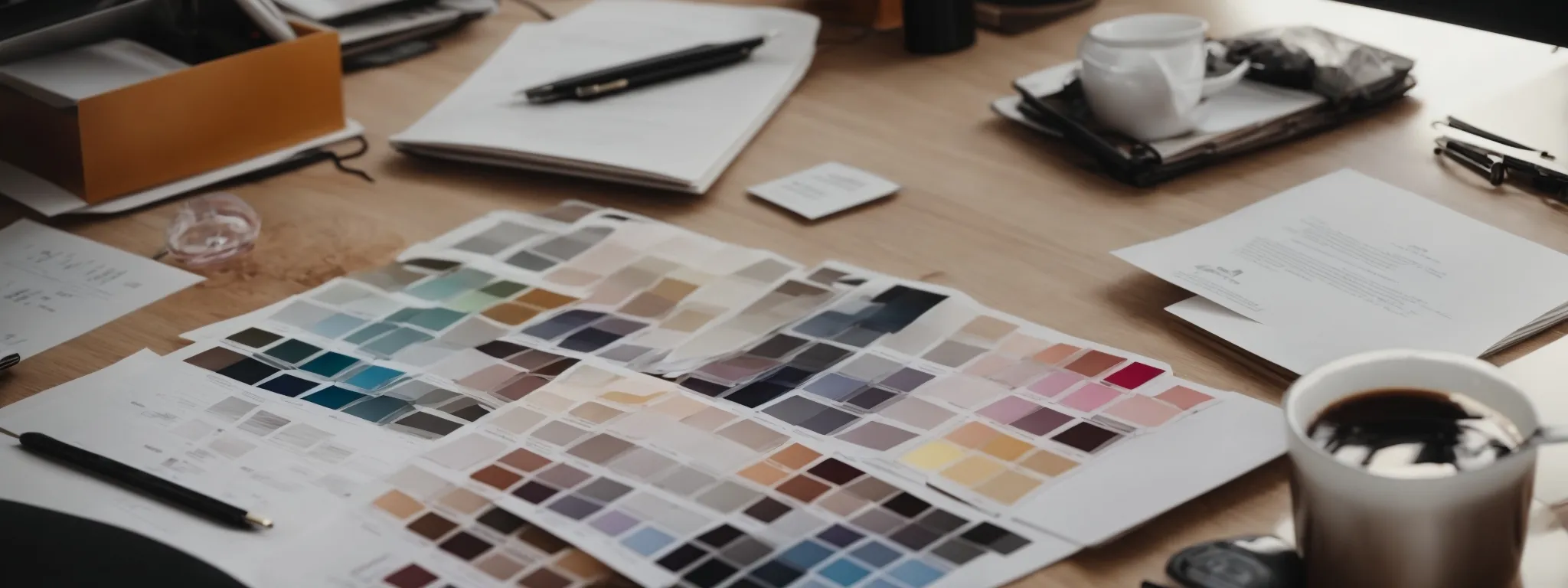 A Designer Analyzes Color Swatches And Sketches On A Minimalist Desk, Crafting A Coherent Brand Image.